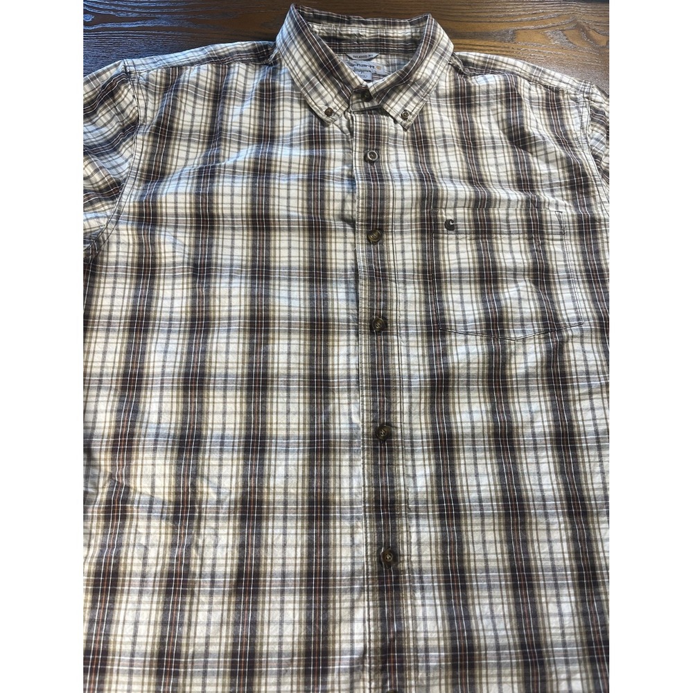 Carhartt Shirt Mens Plaid Button Down XL Western Shirt Brown/Tan Short Sleeve